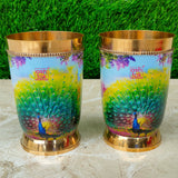 Brass Glasses, Peacock Printed Design Brass Water Glasses (Pack of 2 Pcs)