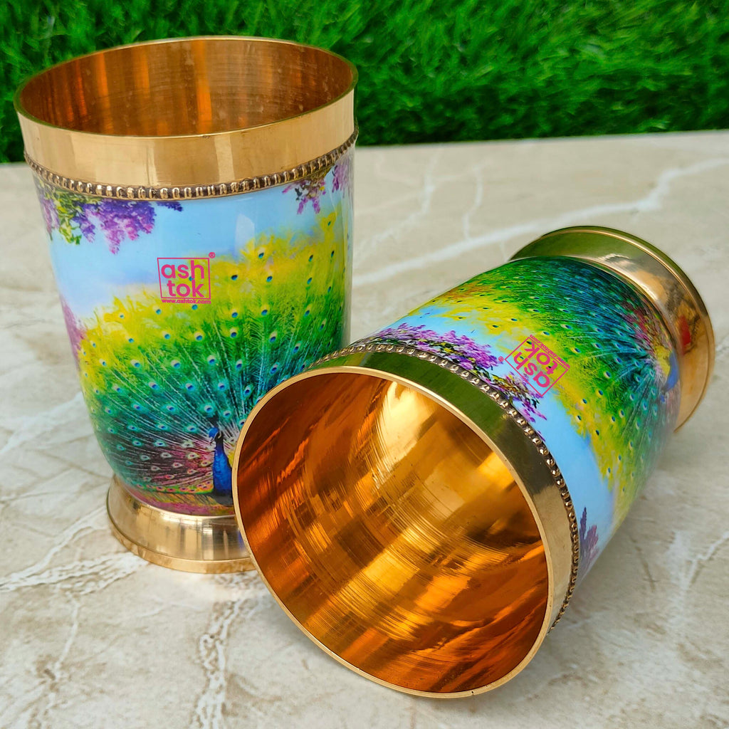 Brass Glasses, Peacock Printed Design Brass Water Glasses. (Pack Of 2).