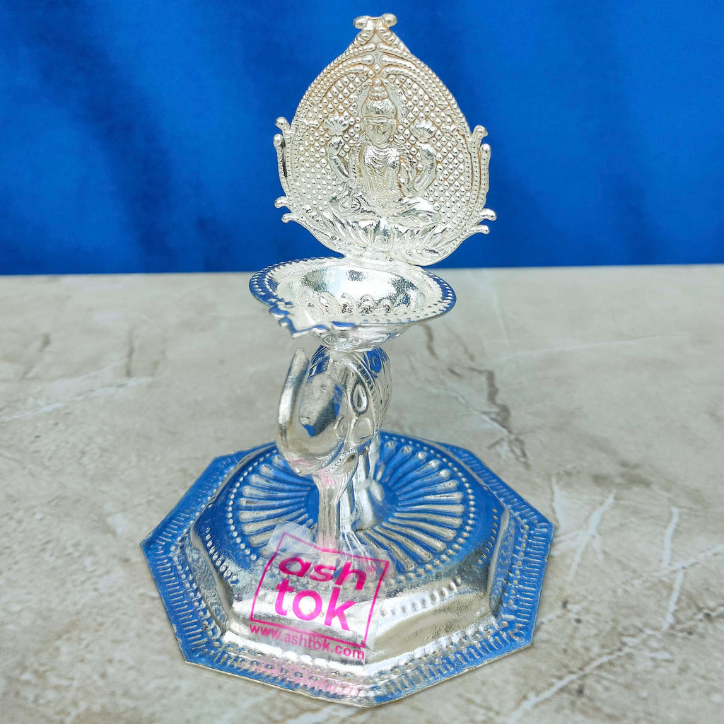 German Silver Kamakshi Deepam With Elephant Design. Height - 4 Inches.