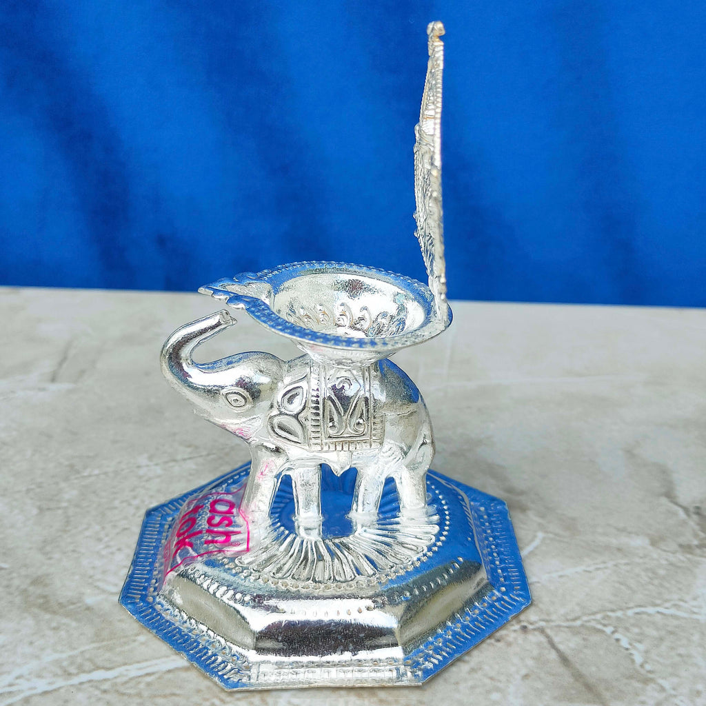 German Silver Kamakshi Deepam With Elephant Design Height - 4 Inches