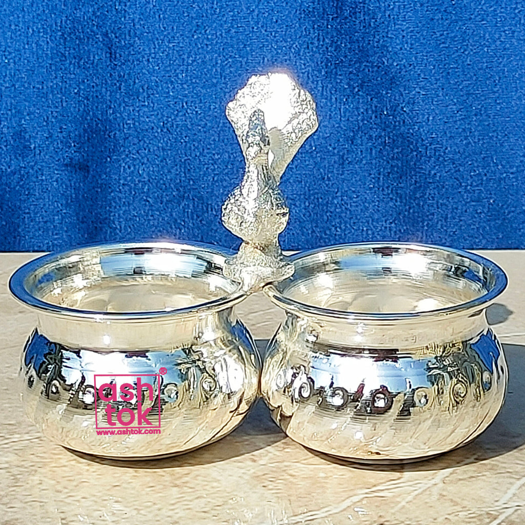 German Silver Chopala Haldi Kumkum Holder 2 Bowls Attached (Set of 2)