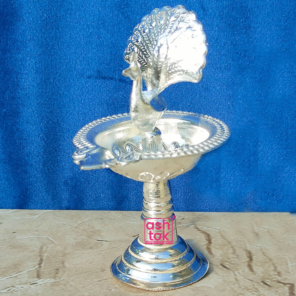 German Silver Peacock Diya, Puja Diya, Oil Lamp. Height - 4 Inches.