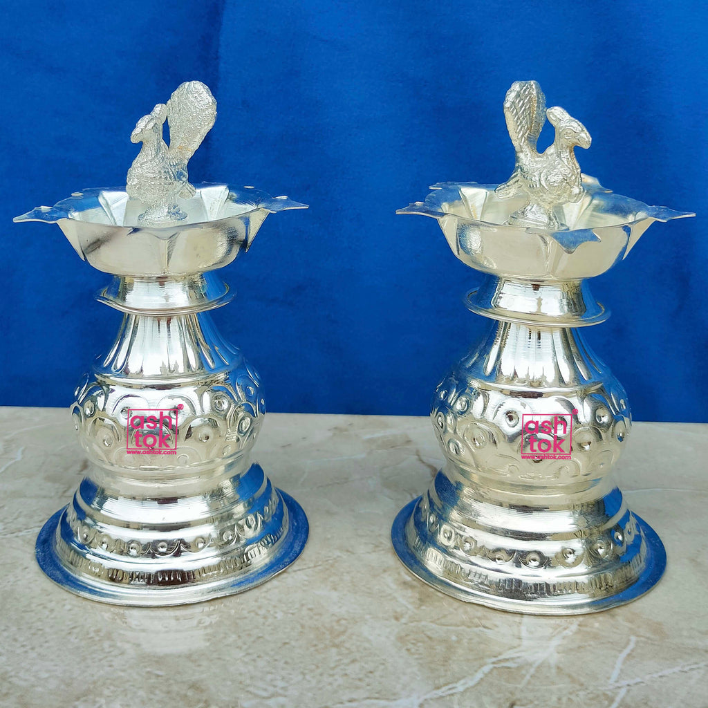 German Silver Peacock Diya, Oil Lamp. Height - 6 Inches, (Set of 2)