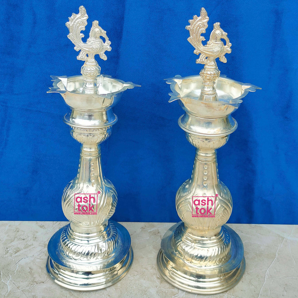 German Silver Peacock Diya, Oil Lamp, Puja Decorative Diya (Set of 2)