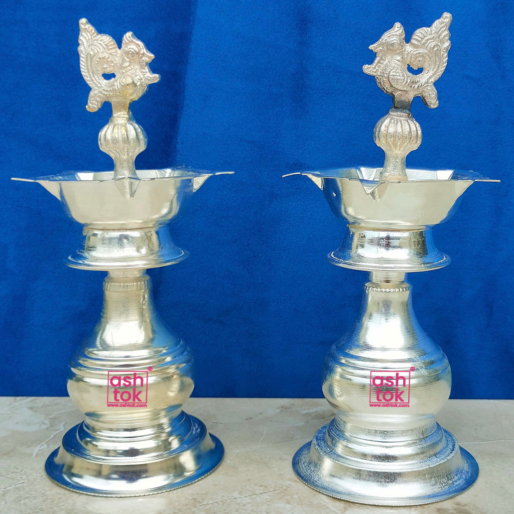 German Silver Peacock Diya, Oil Lamp, Decorative Diya (Set of 2)