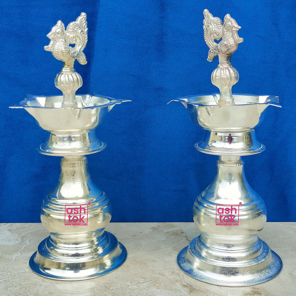 German Silver Peacock Diya, Oil Lamp, Decorative Diya (Set of 2)