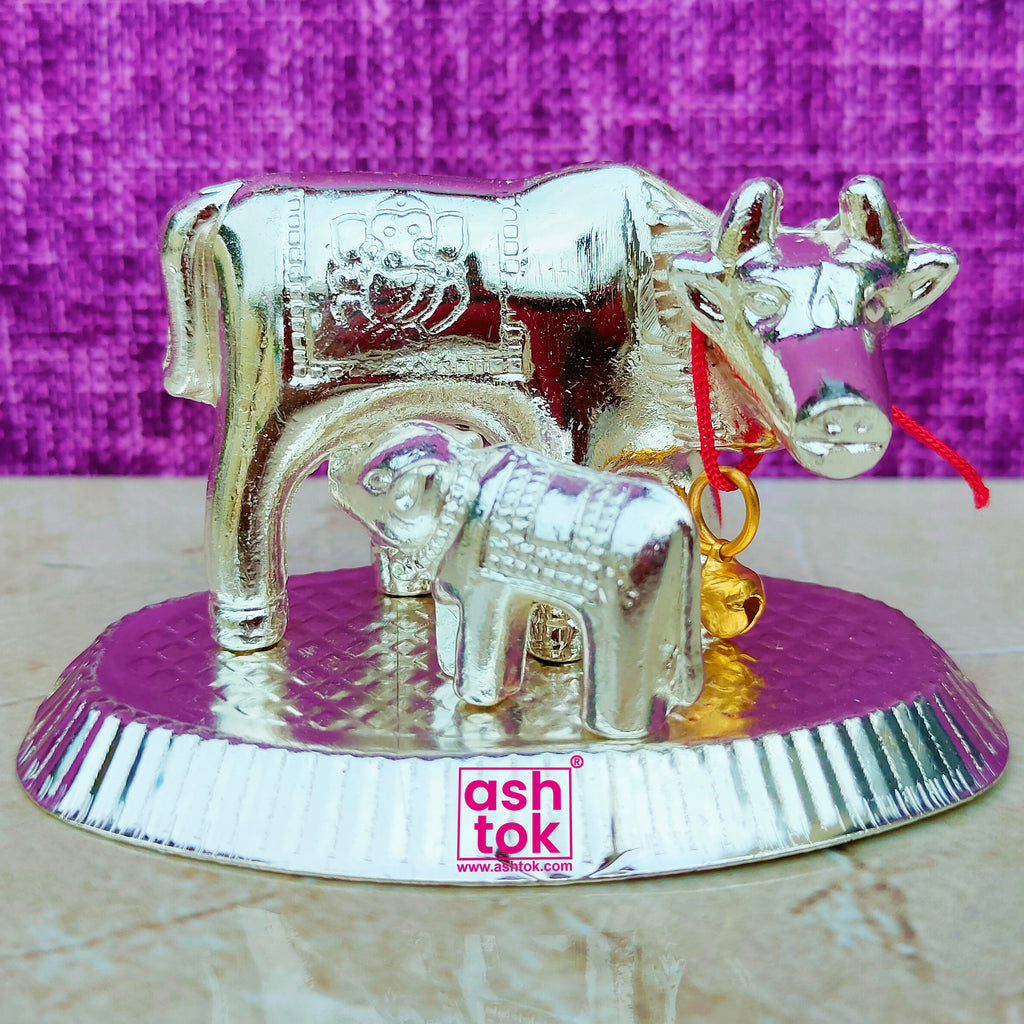 German Silver Kamdhenu Cow Calf, Decorative Showpiece for Home Decor (Dia 4 Inches)