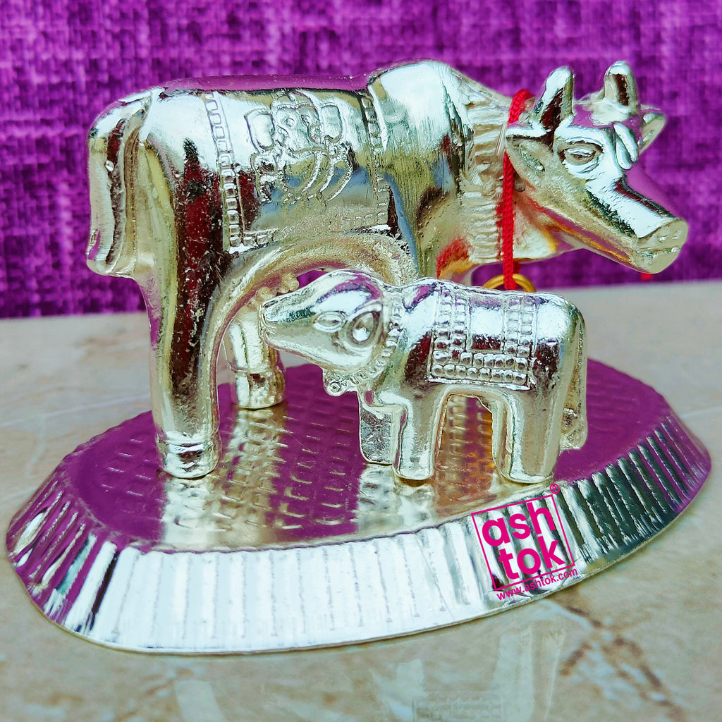German Silver Kamdhenu Cow Calf, Decorative Showpiece for Home Decor (Dia 4 Inches)