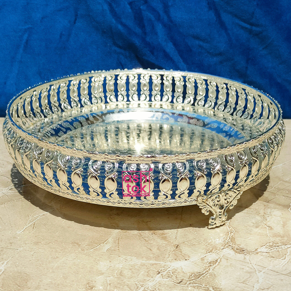 German Silver Tray For Puja. Decorative Tray Diameter 10 Inches.