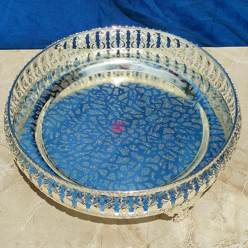 German Silver Tray For Puja. Decorative Tray Diameter 10 Inches.