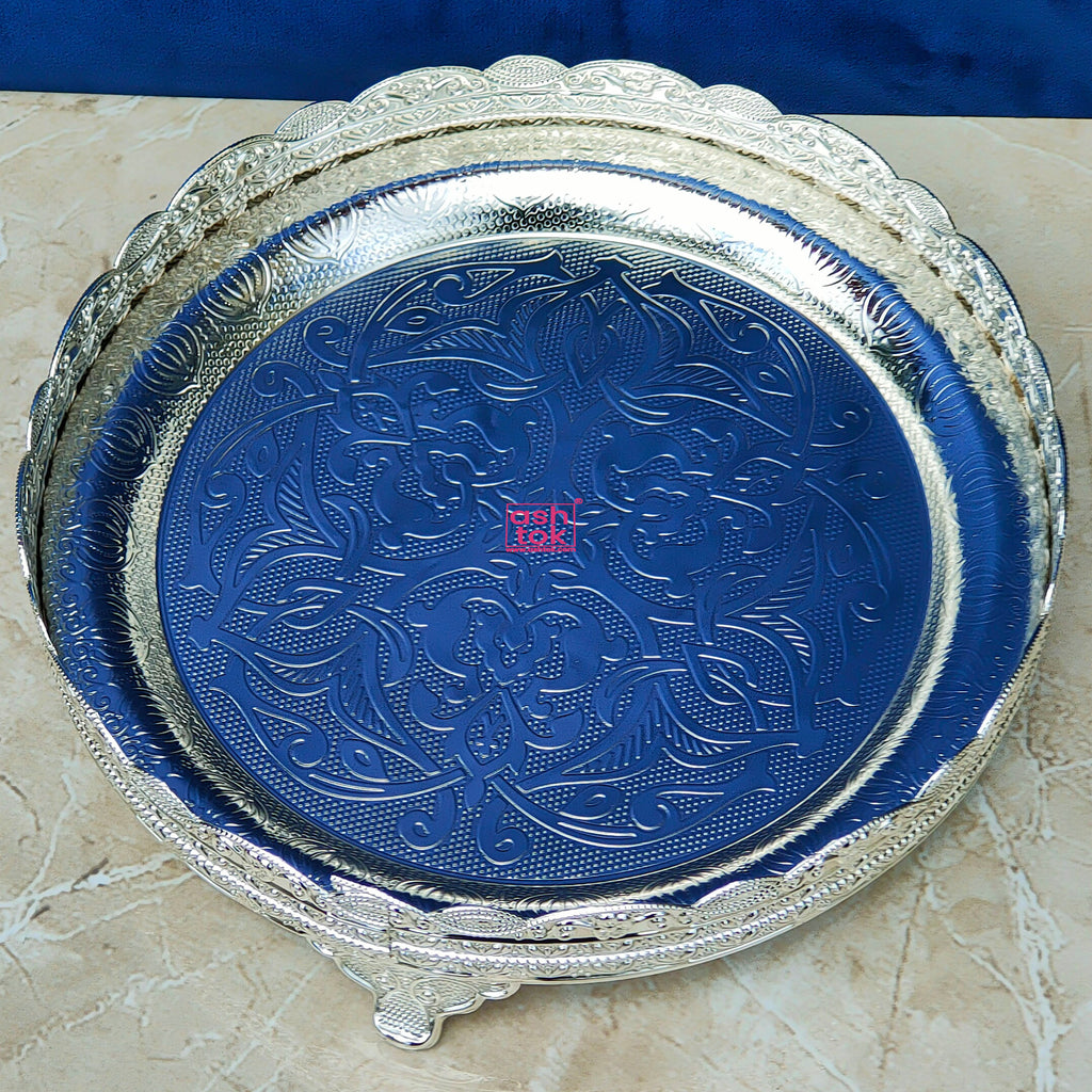 German Silver Tray For Puja, Decorative Tray Diameter 8 Inches.