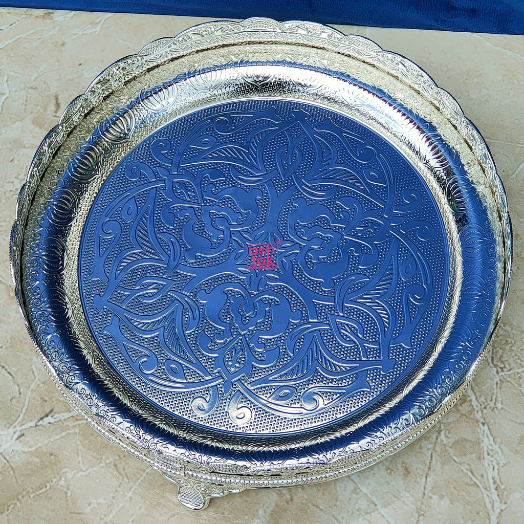 German Silver Tray For Puja, Decorative Tray Diameter 8 Inches.