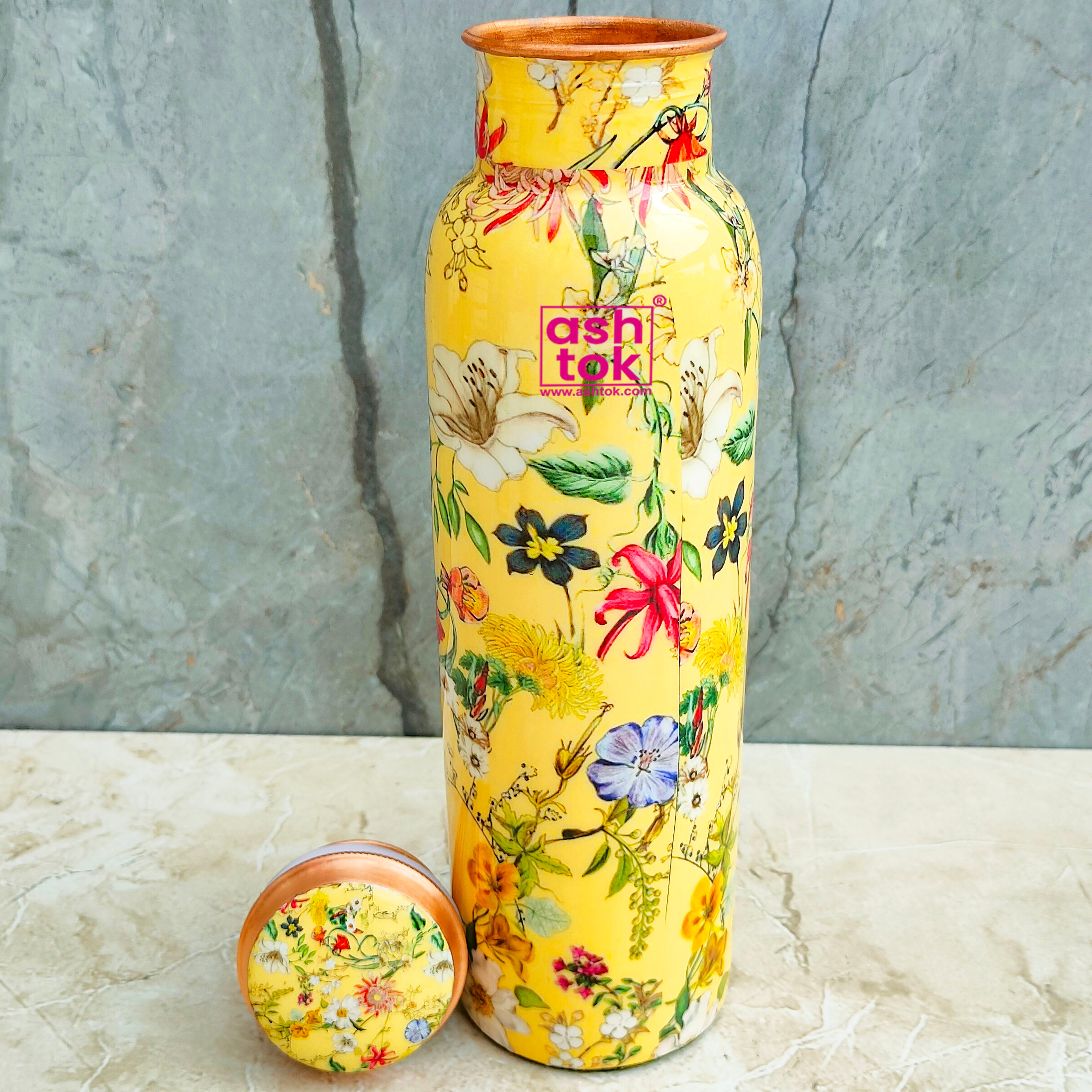 Printed design Pure Copper Water Bottle with Leakproof Threaded