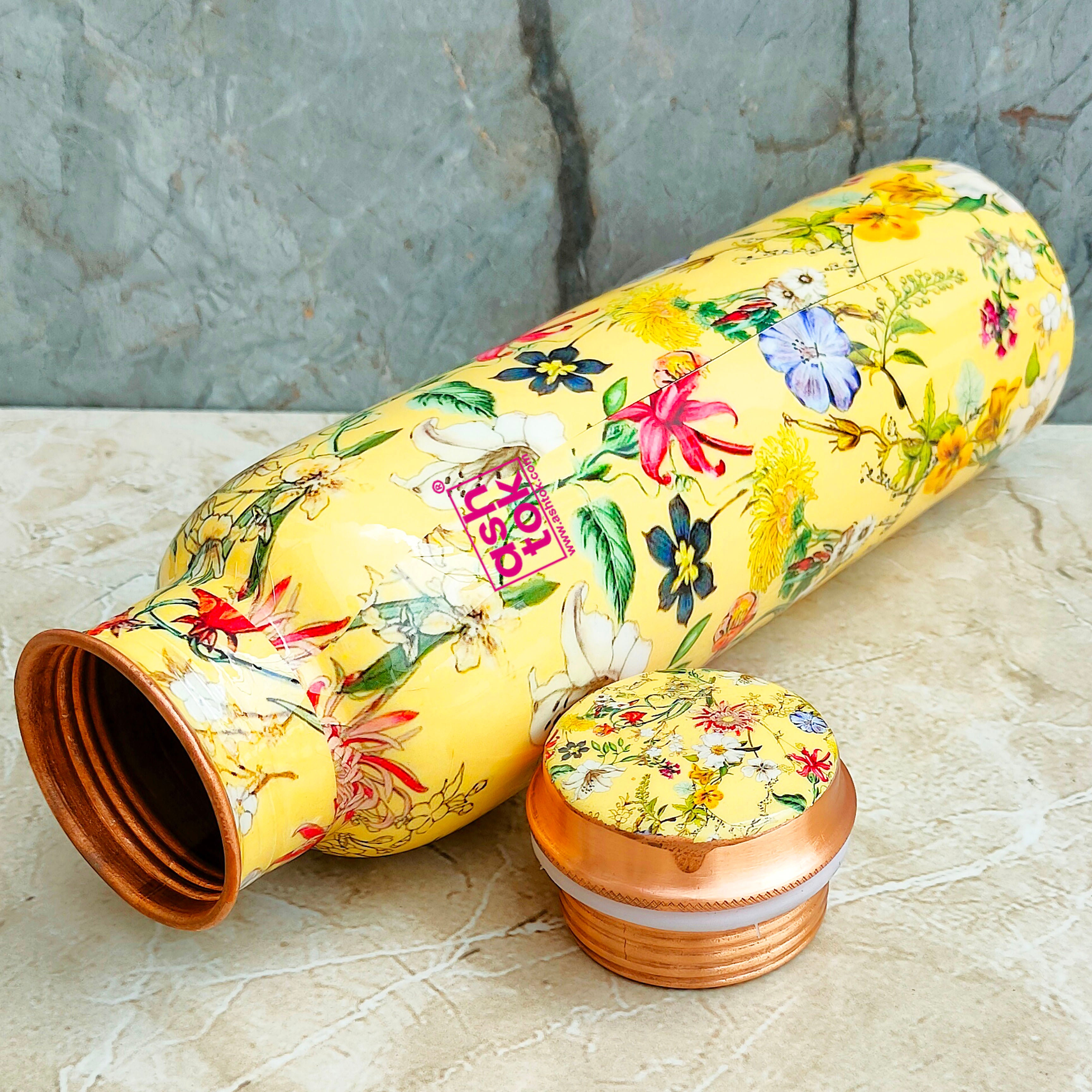 Printed design Pure Copper Water Bottle with Leakproof Threaded