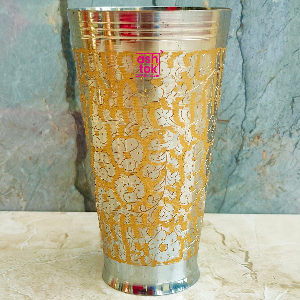 Brass Glass, Embossed Design Brass Water Glass, Drinkware (Pack of 2 Pcs)