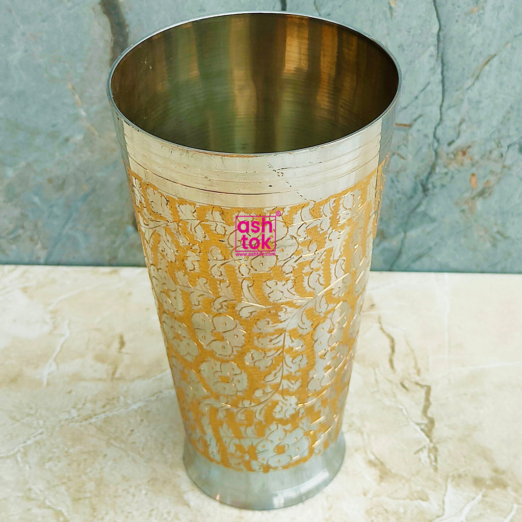 Brass Glass, Embossed Design Brass Water Glass, Drinkware (Pack of 2 Pcs)