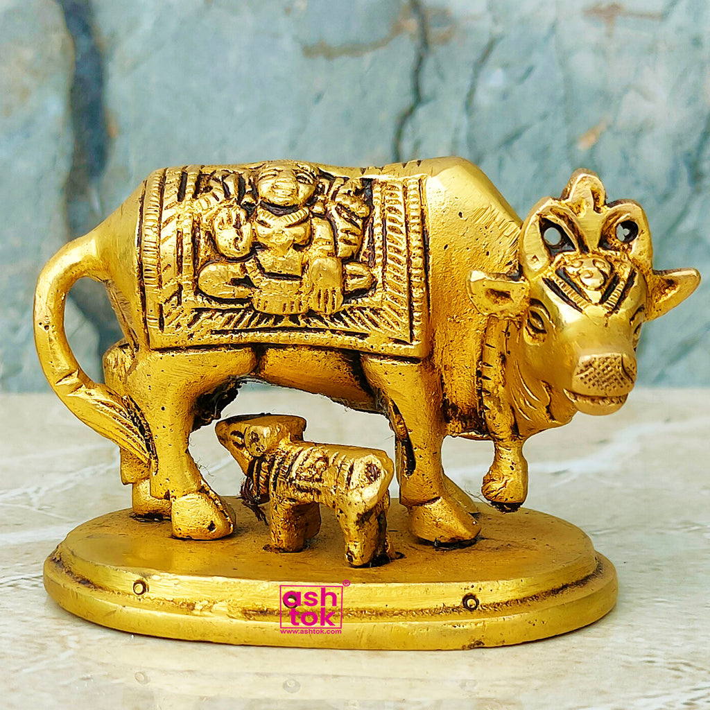 Brass Cow Calf, Kamdhenu Cow with Calf, Decorative for Puja Room