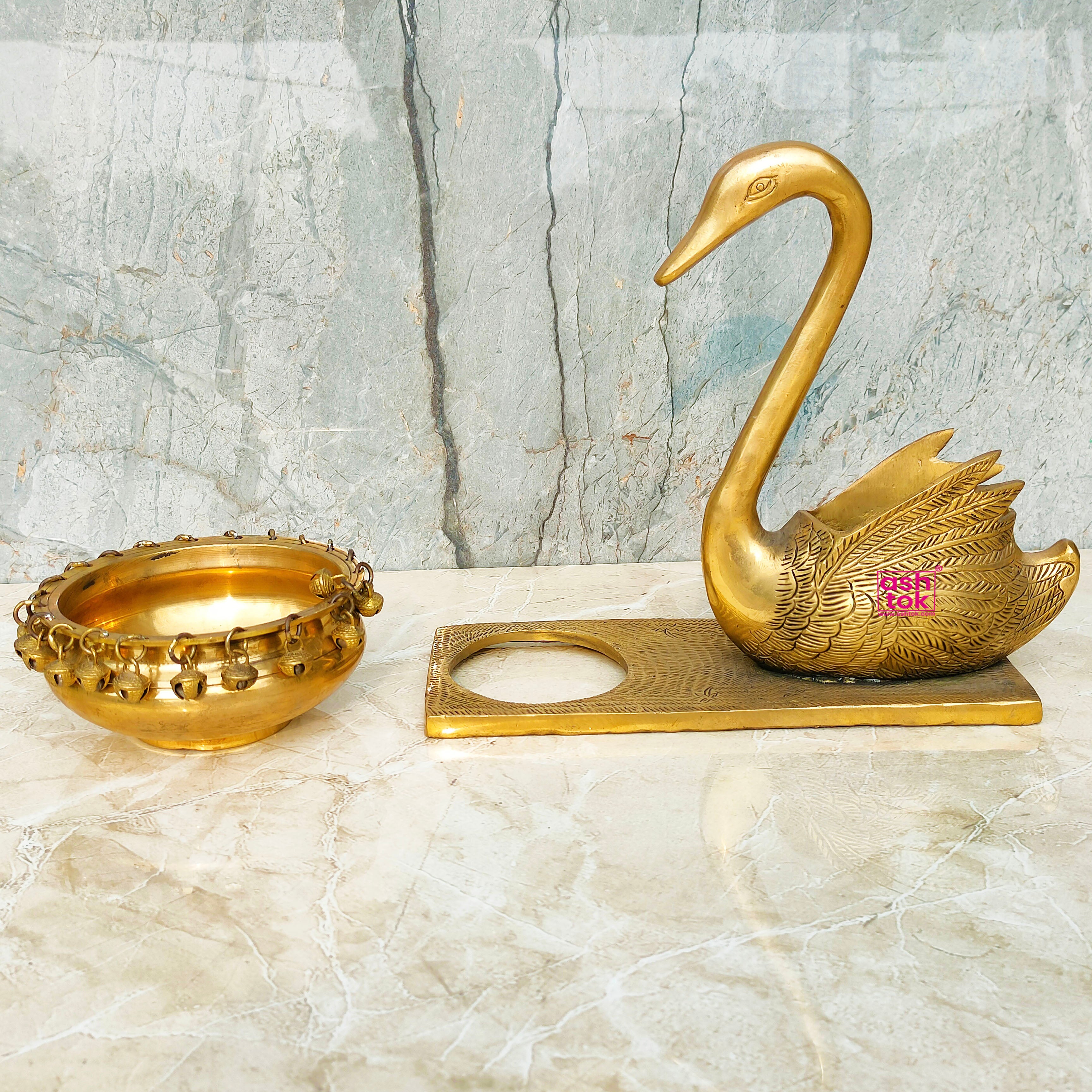 Brass Swan With Urli Decor Bowl, Handcrafted Decorative Urli Bowl