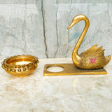 Traditional Brass Swan With Urli Decor Bowl, Handcrafted Decorative Urli Bowl