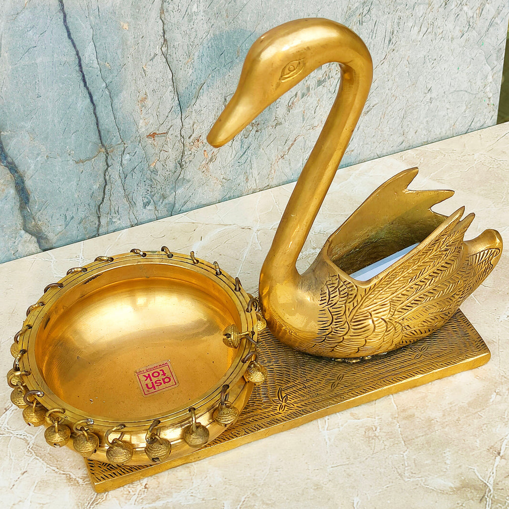 Traditional Brass Swan With Urli Decor Bowl, Handcrafted