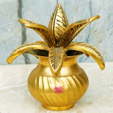 Antic Brass Cocount Design Kalash with Leafs, Kalash for Puja, Brass Puja Decorative Item