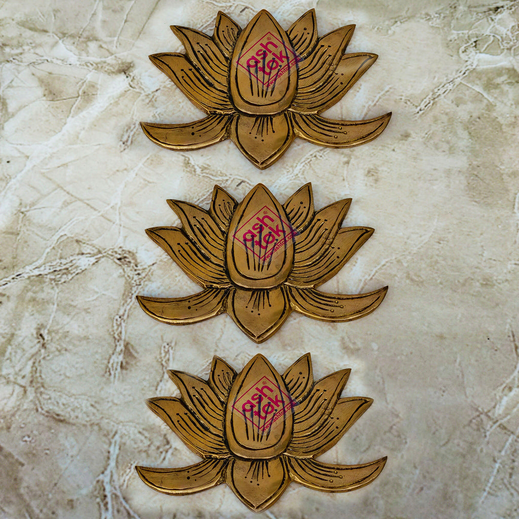 Brass Antic Lotus Design Wall Art, Brass Wall and Puja Room Decorative Item (Set of 3 Pcs)