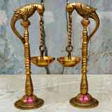 Brass Handcrafted Parrot Diya,Traditional Puja Diya, Brass Hanging Wick Oil Diya Pair, Decorative Diya (Pack of 2 Pcs)