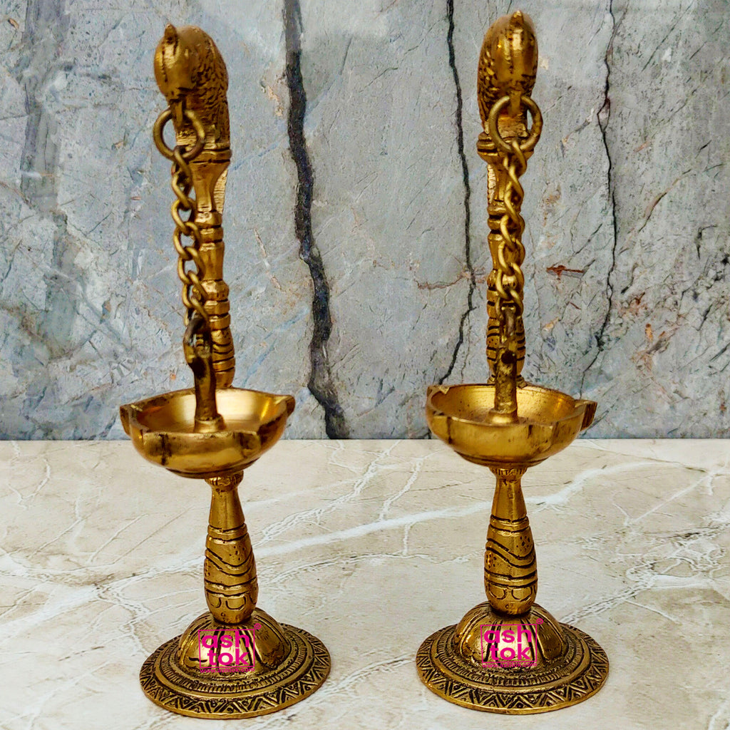 Brass Handcrafted Parrot Diya,Traditional Puja Diya, Brass Hanging Wic –  Ashtok