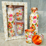 White Floral Printed Copper Water Bottle with Glass Set, Premium Drinkware, Handcrafted Gift Item