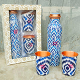 Blue Color Printed Pure Copper Water Bottle with Glass Set, Drinkware, Unique Gift Items