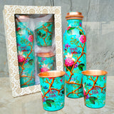 Green Enamel Printed Pure Copper Water Bottle with Glass Set, Copper Drinkware, Gift Items
