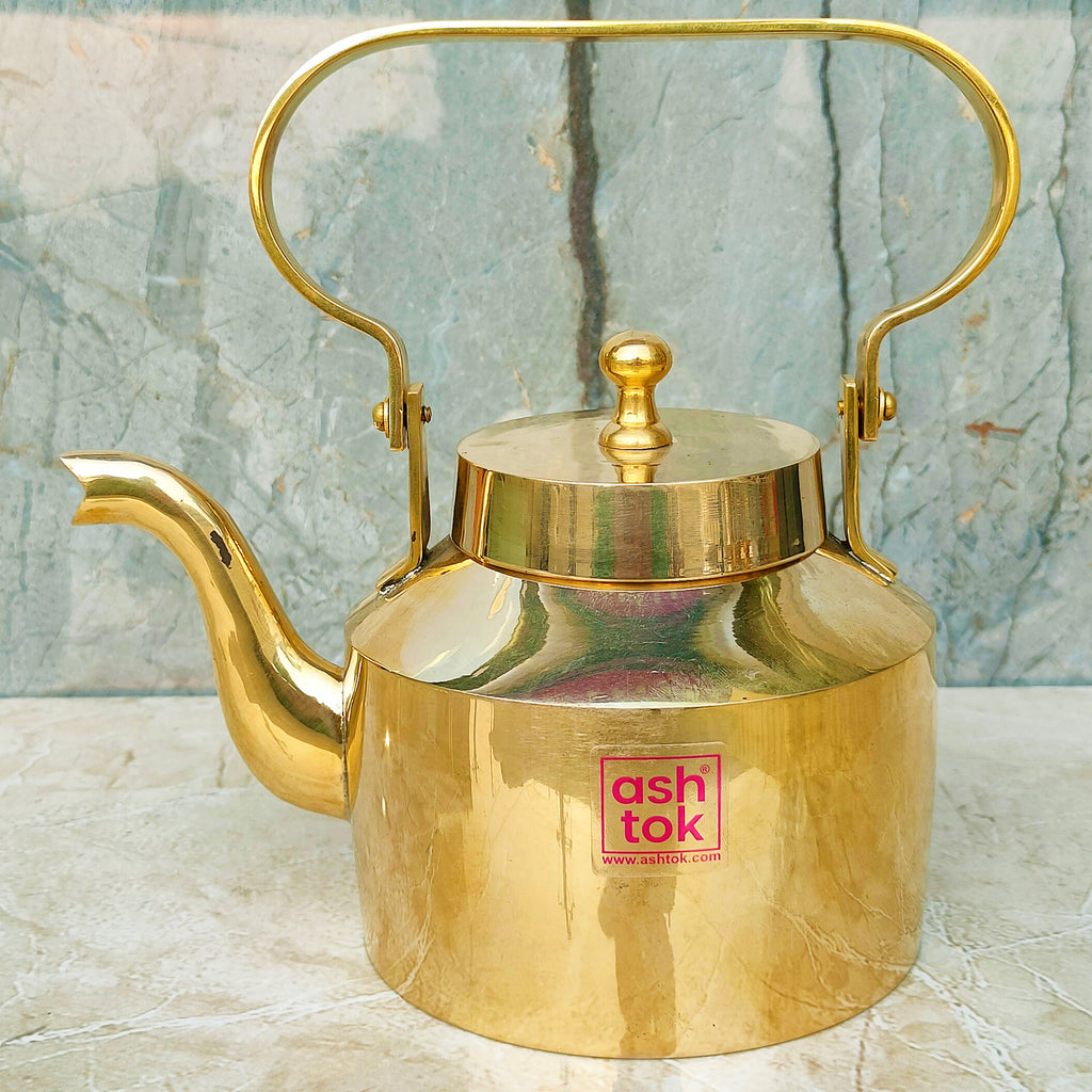 etched brass tea kettle, vintage Indian brass teapot handmade in