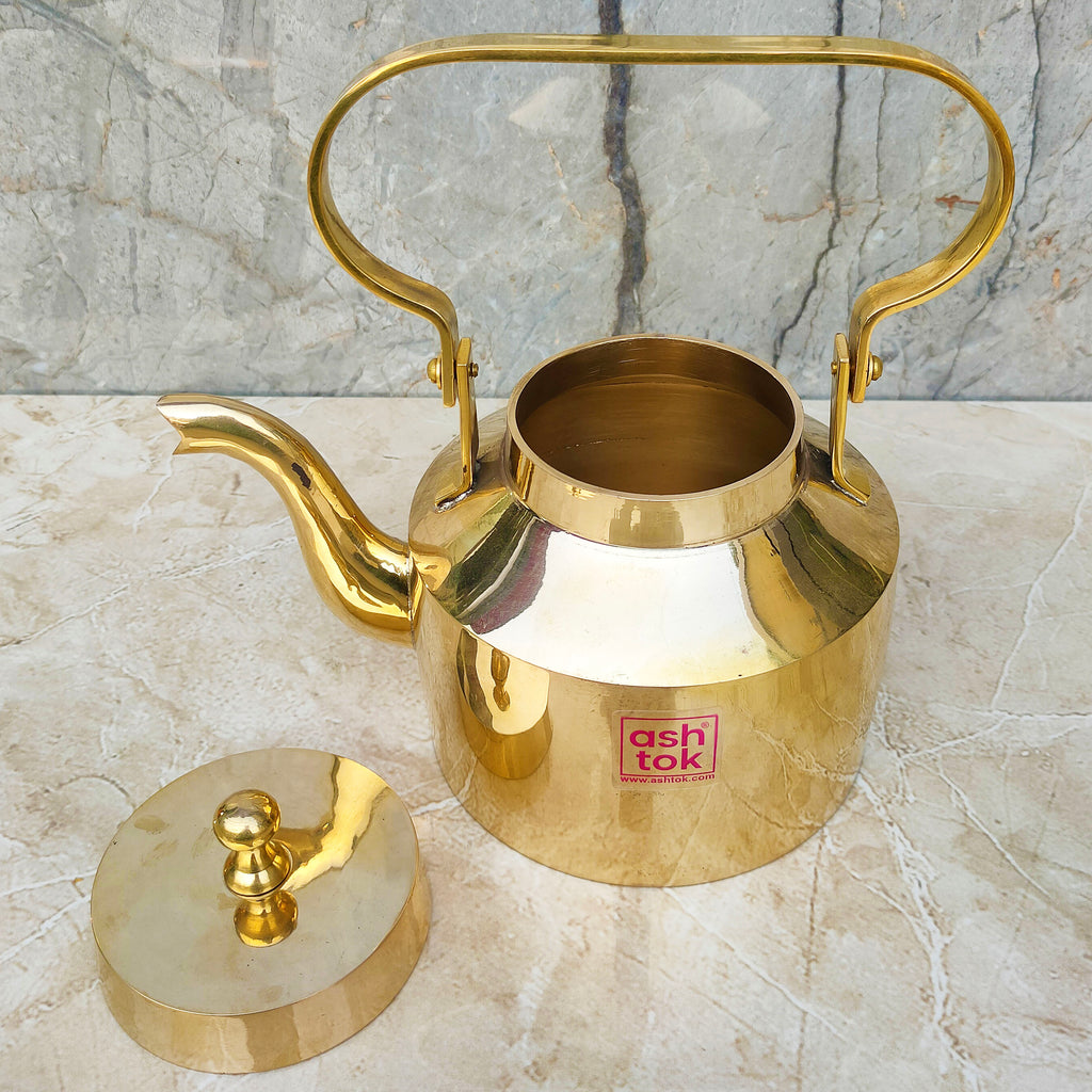 etched brass tea kettle, vintage Indian brass teapot handmade in India