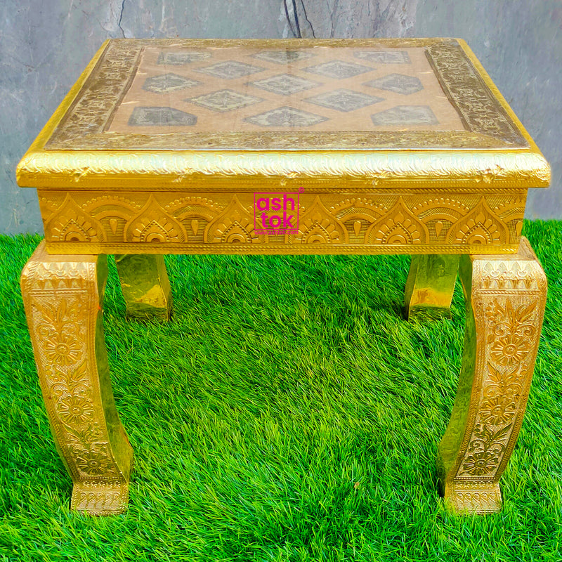 Handmade Puja Chowki Stand Traditional Brass Mukali Stool Pooja Items- 4.5  Inch