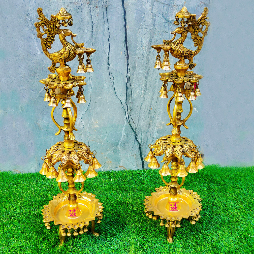 Rent Peacock Brass Diya with Hanging bells, Wedding Decorative Item for Rent