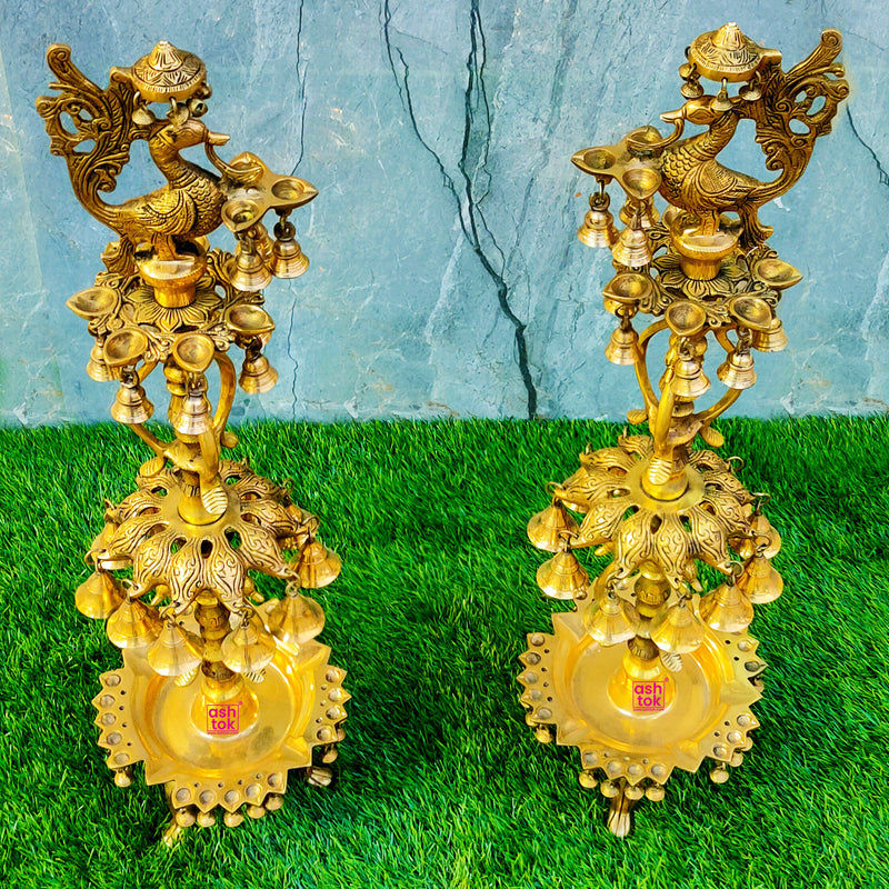 Rent Peacock Brass Diya with Hanging bells, Wedding Decorative Item for Rent
