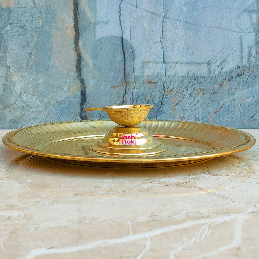 Brass Diya with Attached Plate, Puja Diya for Puja Room