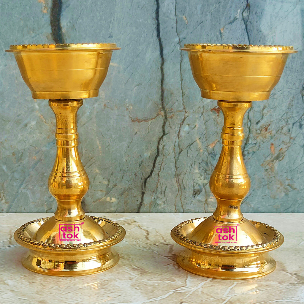 Pure Brass Udupi Nanda Puja Diya, Heavy Oil Lamp With Stand, (Pack of 2 Pcs)