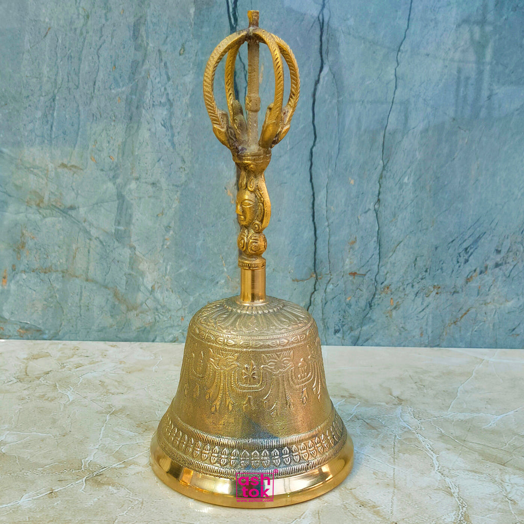 Hand Rune Bell Brass Fancy Hand Bell, Brass Puja Traditional Hand Bell – Ashtok