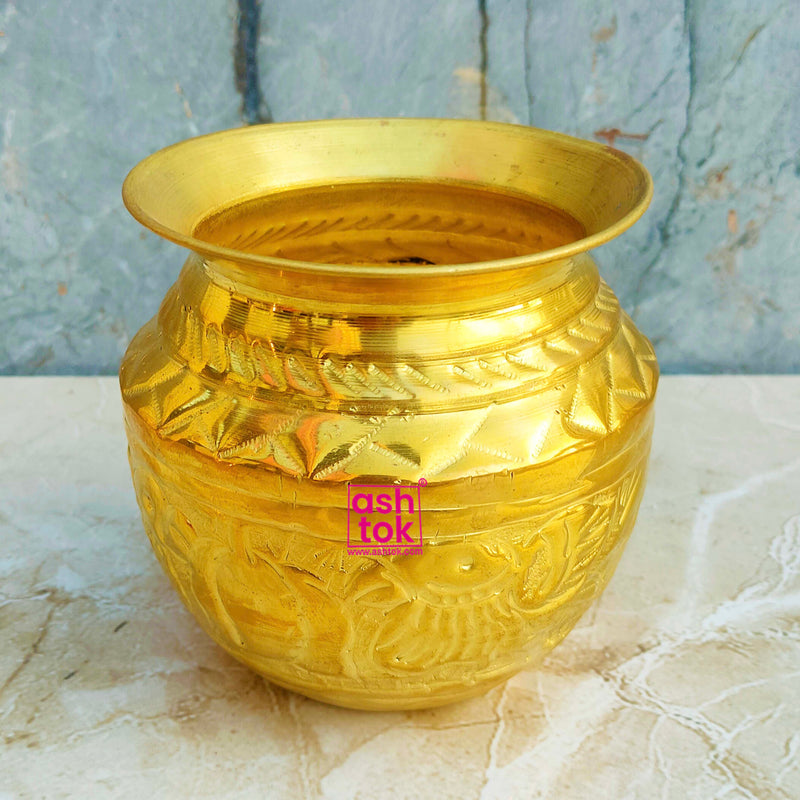 Brass Kalash Pot in Handcrafted carving & Antique look for Indian  Traditional Pooja Items