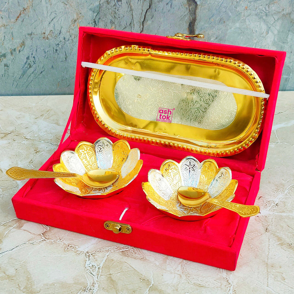 Gold and Silver Plated Dry Fruit Bowl, Brass Gift Bowl and Tray Set