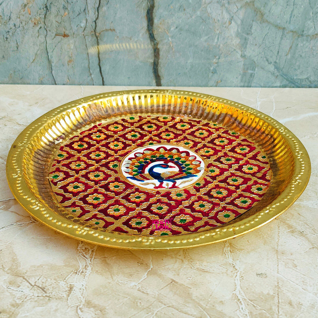 Brass Meenakari Puja Thali Plate, Decorative Puja Plate