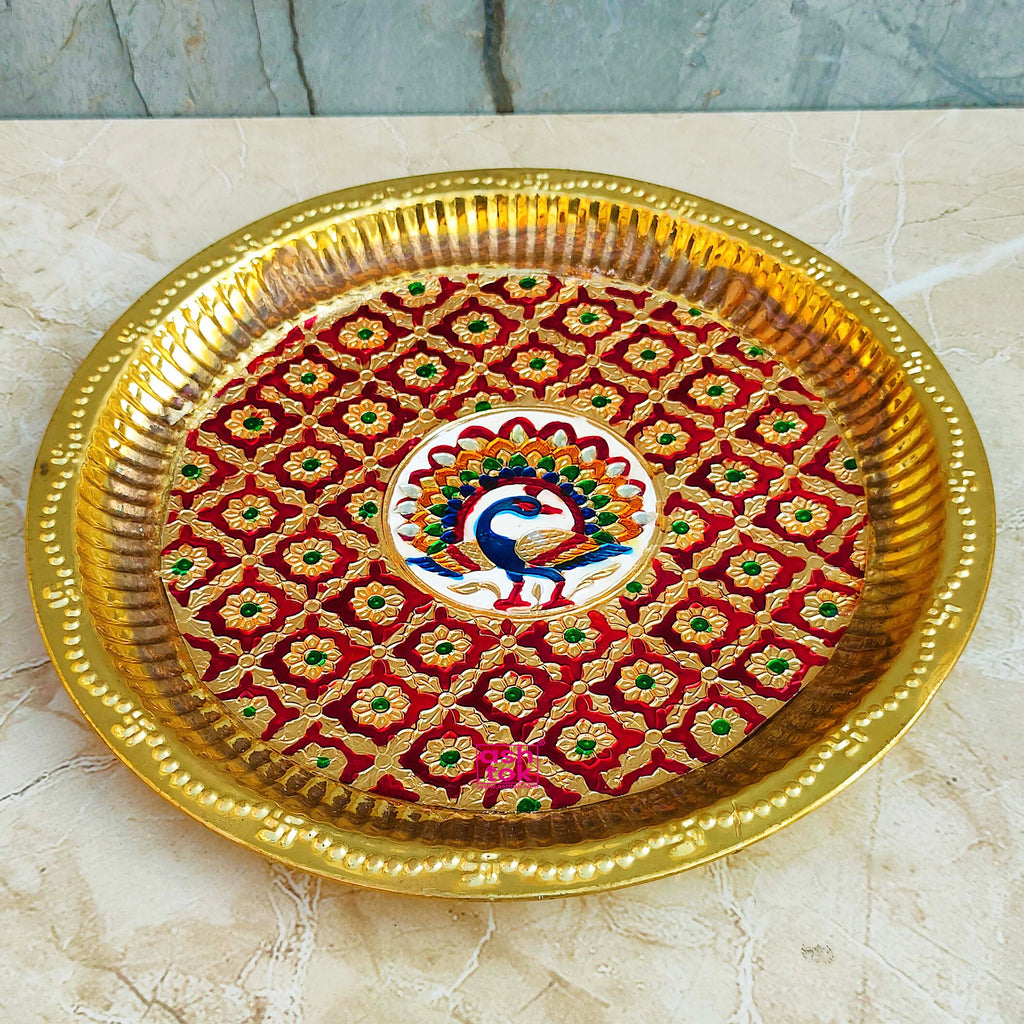 Brass Meenakari Puja Thali Plate, Decorative Puja Plate
