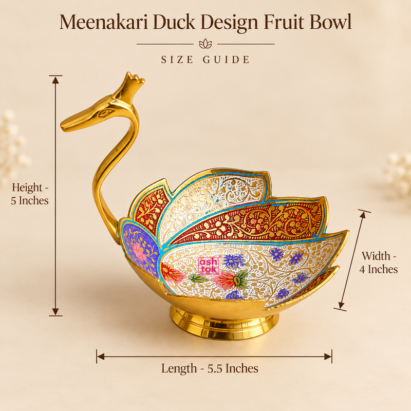 Size guide image of a decorative Meenakari duck design fruit bowl showing approximately 5.5 inches length, 4 inches width and 5 inches height on a premium beige studio background. Clear measurement arrows indicate the overall dimensions from the duck-shaped neck and head to the pedestal base and across the decorative bowl body.