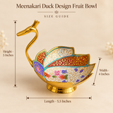 Size guide image of a decorative Meenakari duck design fruit bowl showing approximately 5.5 inches length, 4 inches width and 5 inches height on a premium beige studio background. Clear measurement arrows indicate the overall dimensions from the duck-shaped neck and head to the pedestal base and across the decorative bowl body.