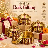 Bulk gifting image showing multiple Brass KumKum Boxes styled with festive gift boxes, flowers and elegant décor, ideal for return gifts, events and bulk orders.