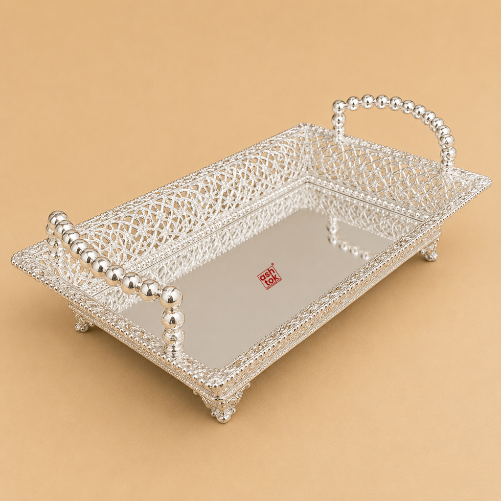 Luxury German silver rectangular tray for wedding decoration, gift presentation, sweets, dry fruits, and festive occasions.