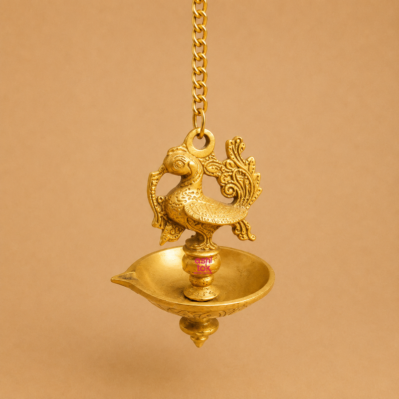 Premium brass hanging diya featuring a sturdy chain, ideal for home temples, pooja rooms, festivals, and devotional ceremonies.