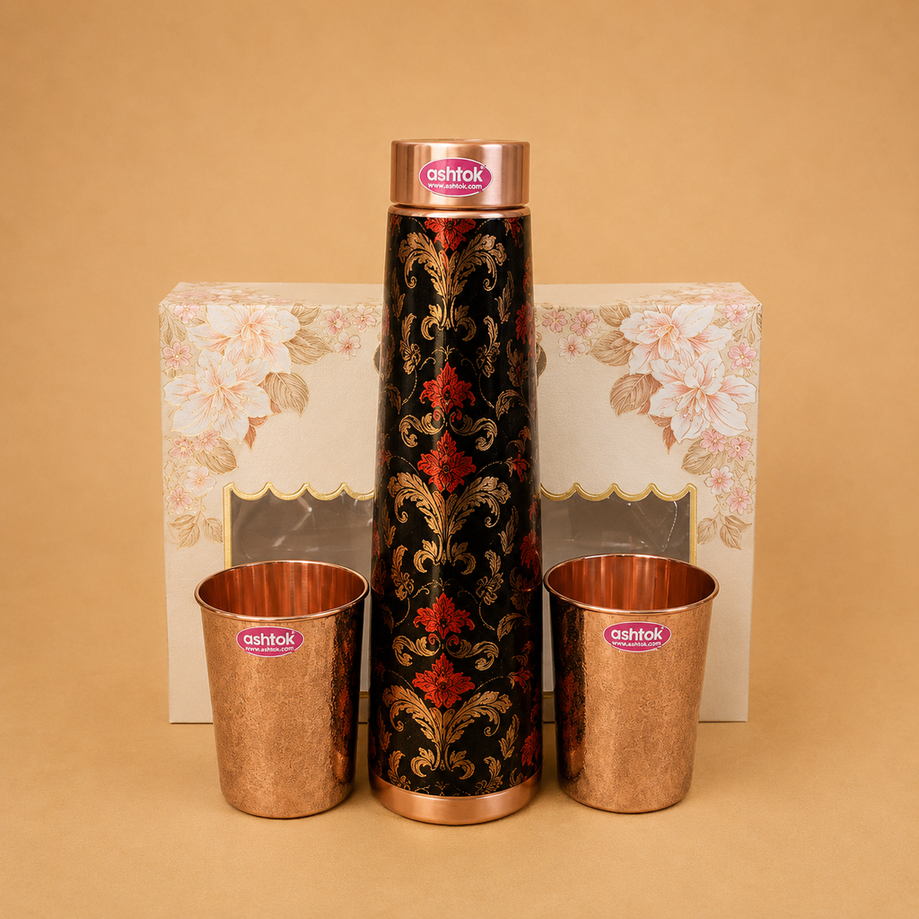 Premium copper water bottle with 2 copper glasses, handcrafted for healthy hydration, dining, and traditional wellness practices.