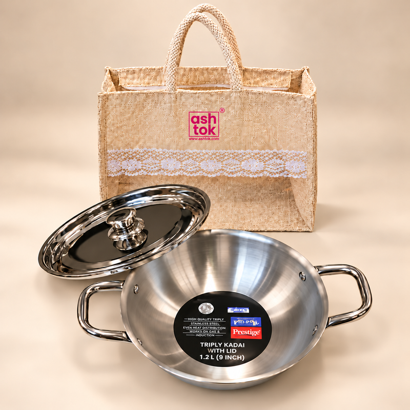 Prestige Triply stainless steel kadai with lid 1.2 litre 9 inch with reusable gift bag on a premium beige studio background